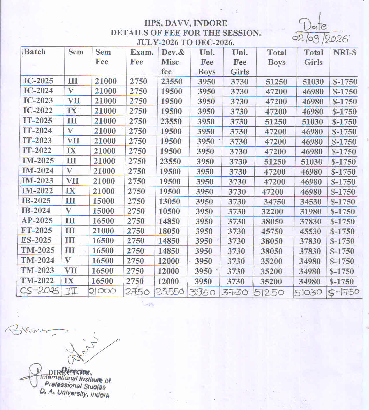 Fee Structure July-Dec 2026